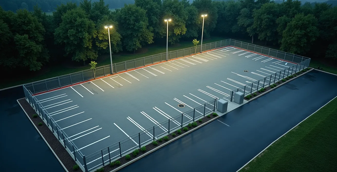 Vue aérienne d'un parking sécurisé avec zones délimitées, éclairage uniformément réparti et clôture de sécurité, symbole de fiabilité et de vigilance