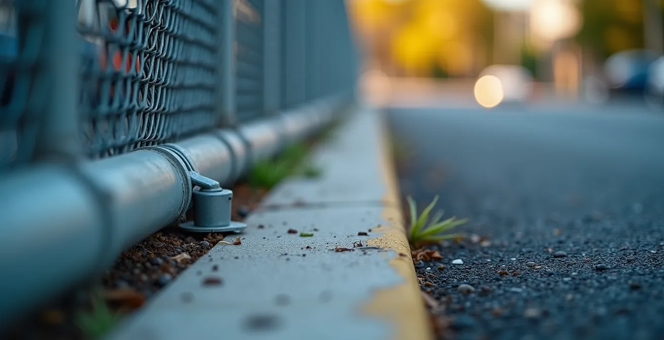 Gros plan photographique montrant une clôture métallique robuste avec caméras, éclairage nocturne, et surface en très bon état - détails texturés révélant la qualité de construction