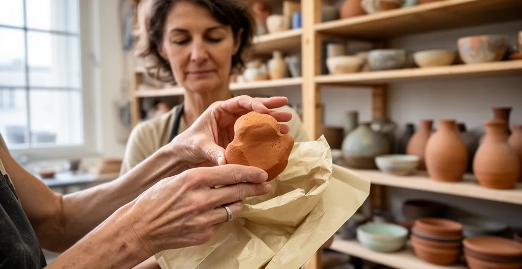 Artisane préparant une pochette matelassée kraft pour envoi fragile