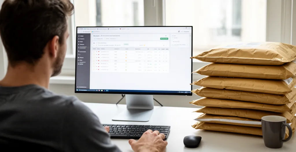 Entrepreneur organisant ses pochettes matelassées avant expédition