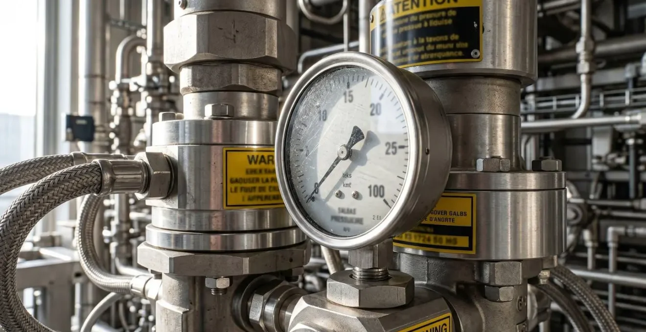 Gros plan détaillé sur une vanne de sécurité et un manomètre de pression d'une installation GPL professionnelle