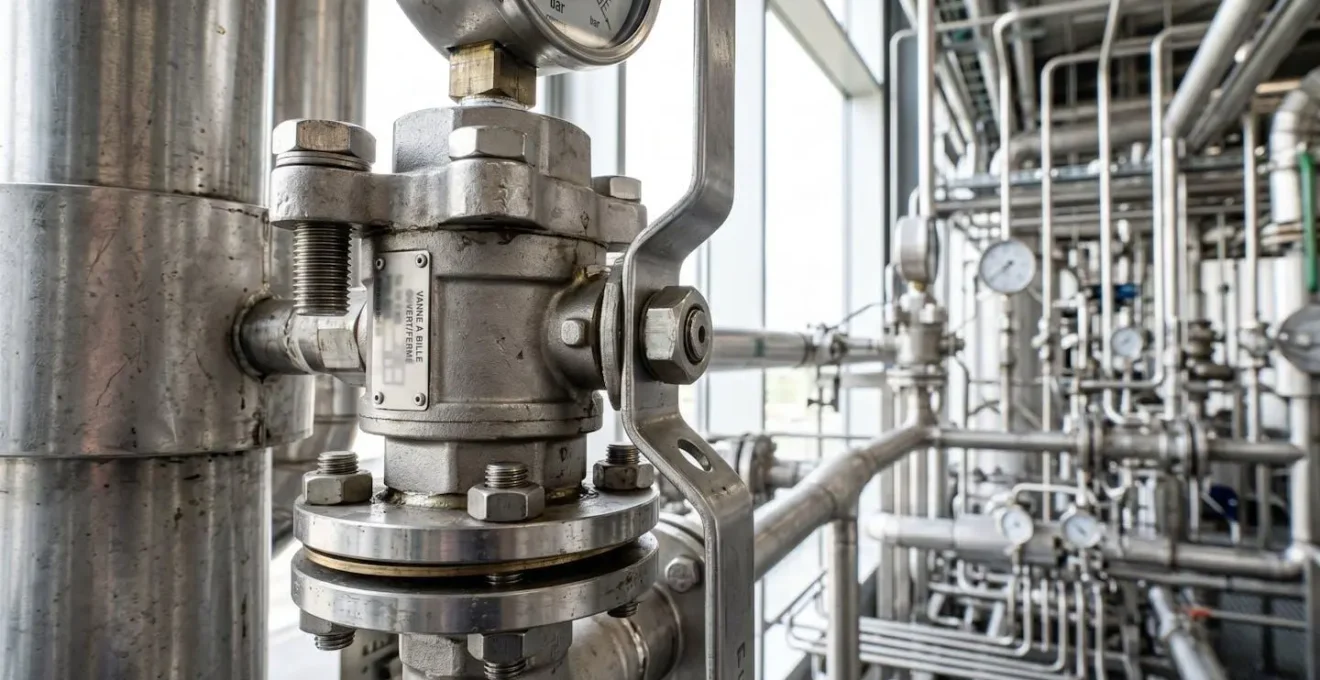 Gros plan détaillé sur une vanne de sécurité et un manomètre de pression d'une installation GPL professionnelle