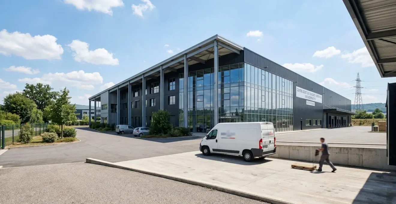Vue extérieure d'un site industriel contemporain avec bâtiment professionnel et zone de stockage sécurisée en arrière-plan