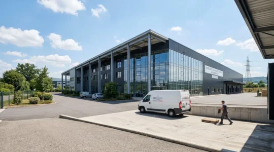 Vue extérieure d'un site industriel contemporain avec bâtiment professionnel et zone de stockage sécurisée en arrière-plan