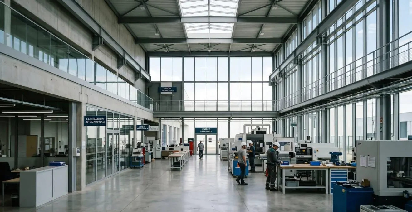 Vue extérieure d'un site industriel contemporain avec bâtiment professionnel et zone de stockage sécurisée en arrière-plan