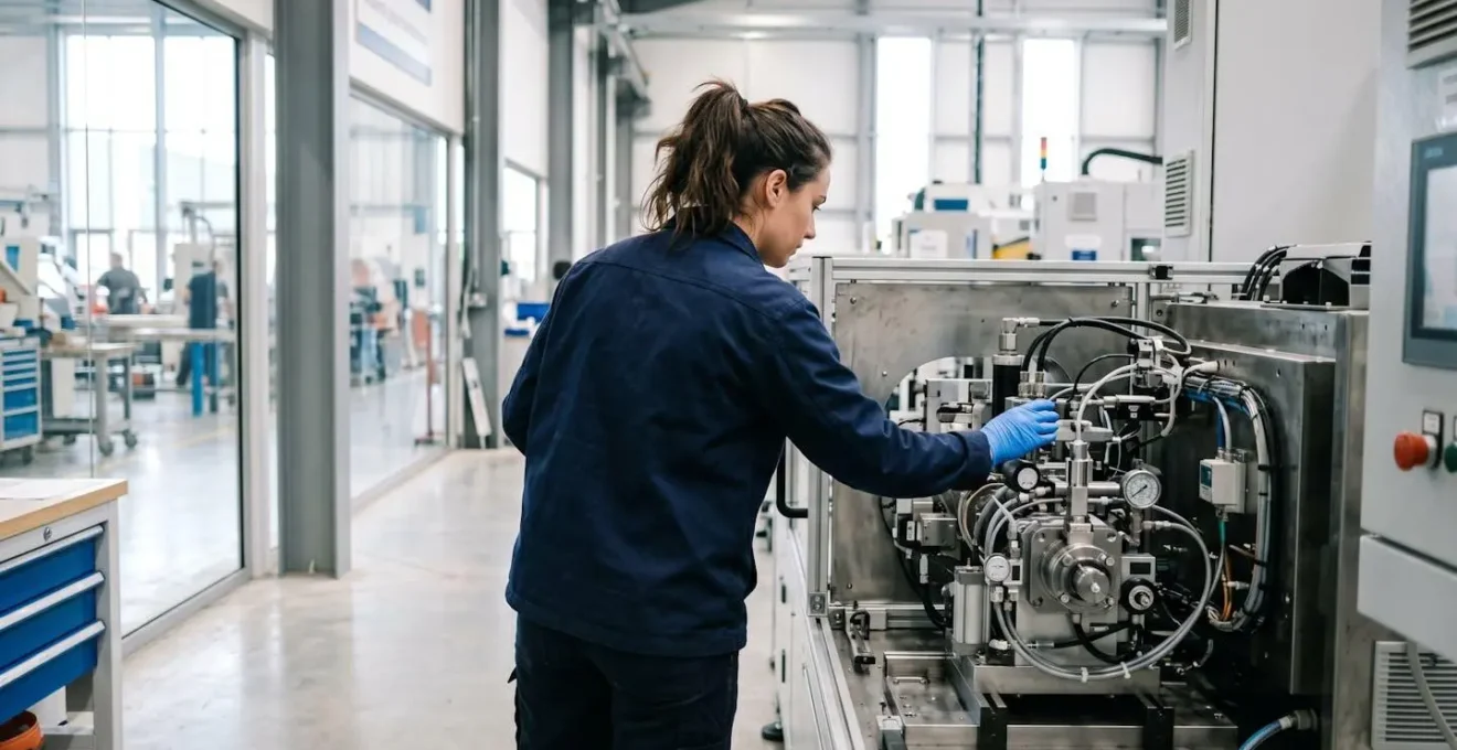 Technicien vu de dos en train d'inspecter une installation GPL dans un environnement industriel lumineux et moderne