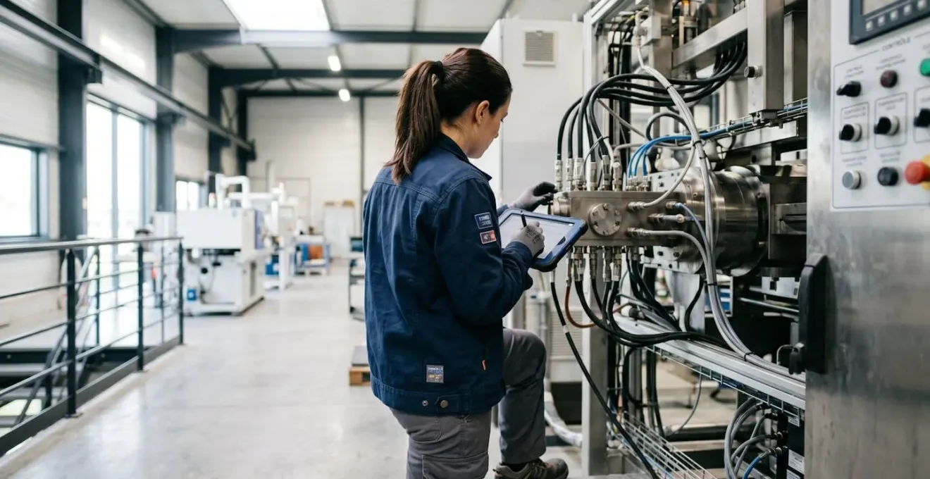 Technicien vu de dos en train d'inspecter une installation GPL dans un environnement industriel lumineux et moderne