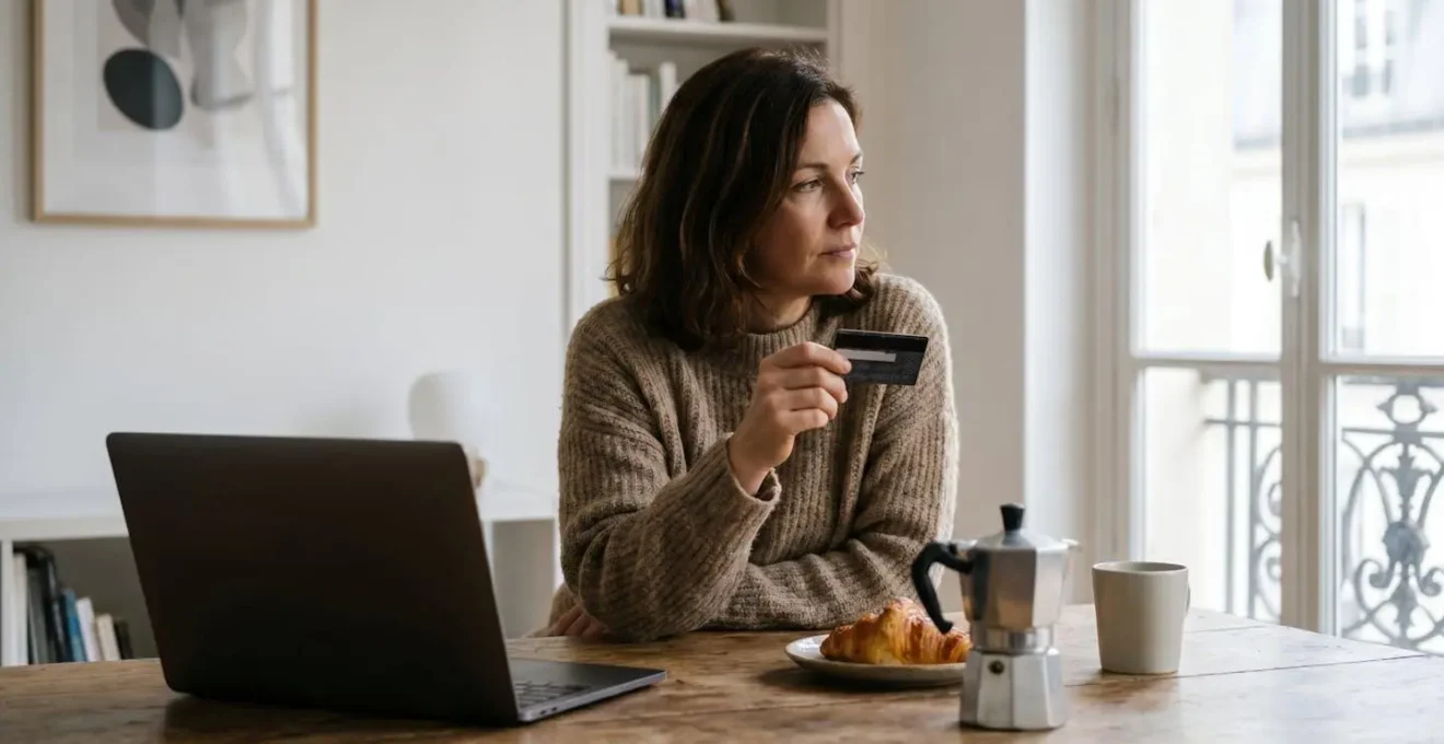 Une personne en France examine attentivement son écran d'ordinateur portable avant de finaliser un achat en ligne, illustrant la vigilance nécessaire face aux pièges du e-commerce