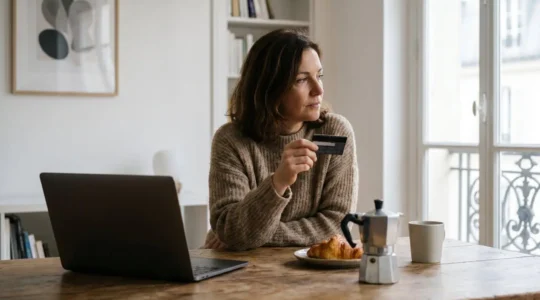 Une personne en France examine attentivement son écran d'ordinateur portable avant de finaliser un achat en ligne, illustrant la vigilance nécessaire face aux pièges du e-commerce