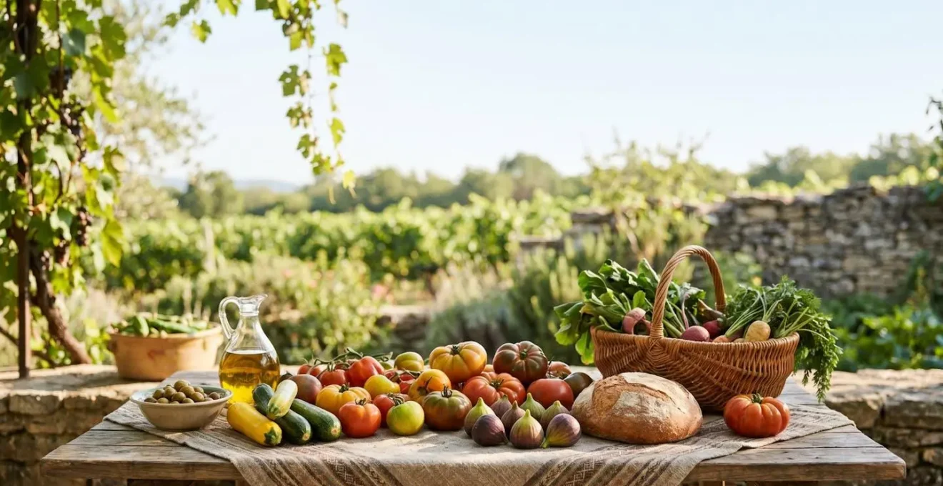 Table généreuse et colorée de produits frais français, symbole d'une alimentation variée et équilibrée sans privation ni calcul.