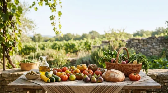 Table généreuse et colorée de produits frais français, symbole d'une alimentation variée et équilibrée sans privation ni calcul.