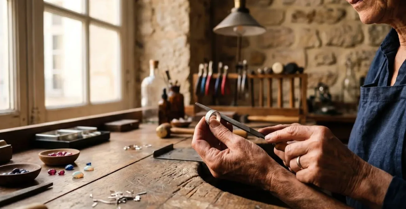 Mains d'un artisan bijoutier français façonnant une bague en argent dans un atelier baigné de lumière naturelle
