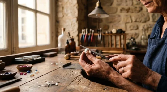 Mains d'un artisan bijoutier français façonnant une bague en argent dans un atelier baigné de lumière naturelle