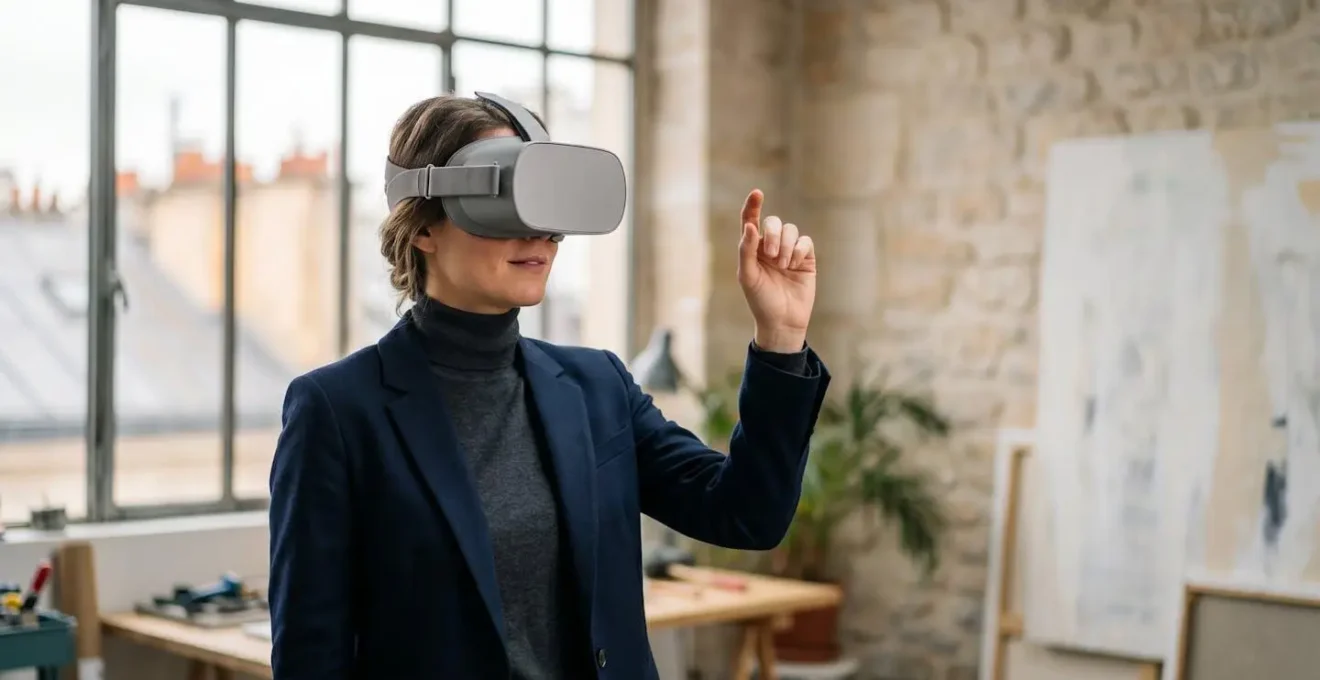 Une professionnelle en France utilise un casque de réalité virtuelle dans un cadre professionnel mêlant patrimoine et technologie