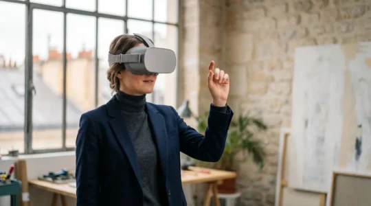 Une professionnelle en France utilise un casque de réalité virtuelle dans un cadre professionnel mêlant patrimoine et technologie