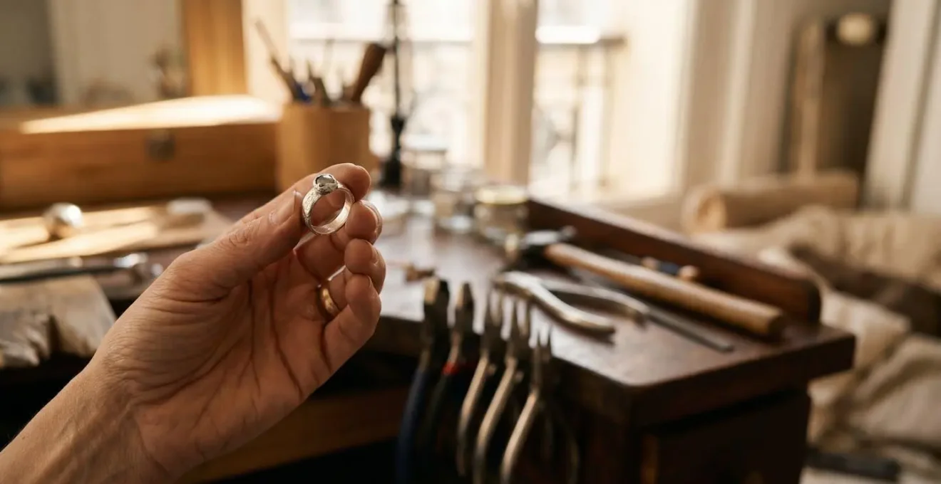 Gros plan élégant sur une main tenant un bijou artisanal en argent dans un atelier français baigné de lumière naturelle