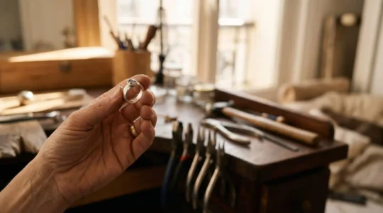 Gros plan élégant sur une main tenant un bijou artisanal en argent dans un atelier français baigné de lumière naturelle
