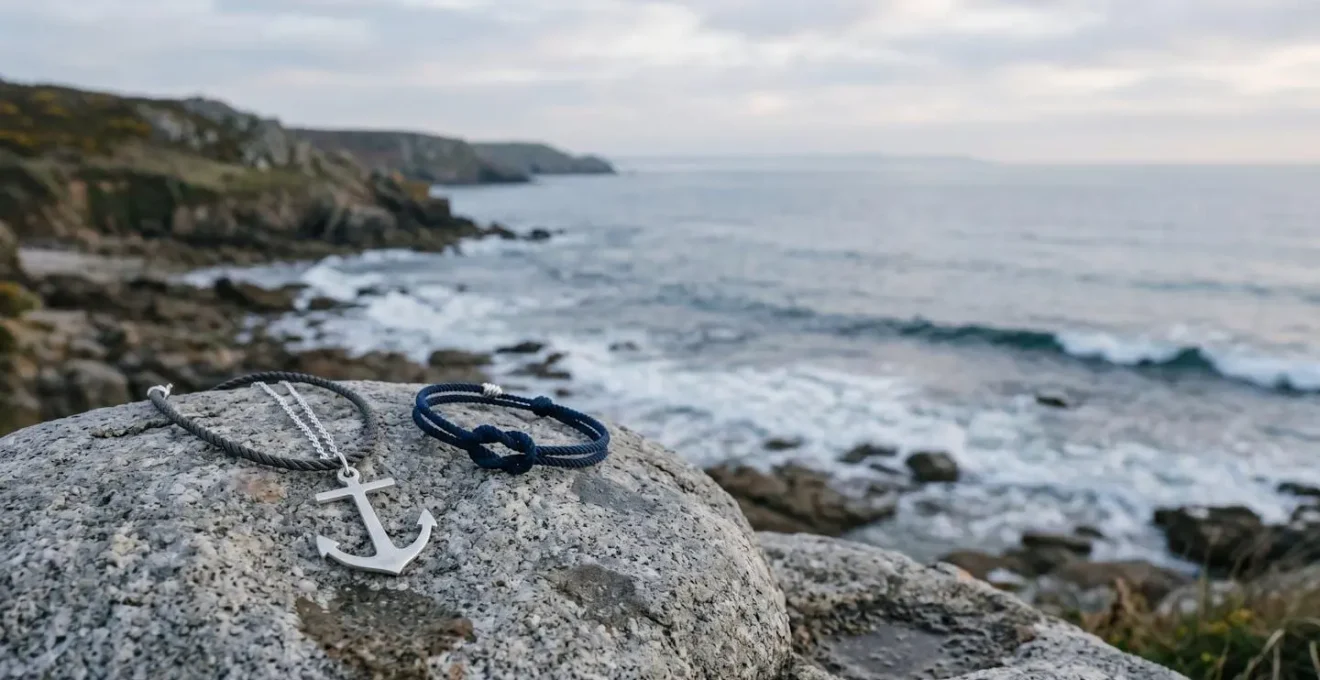 Bracelet et pendentif marins en argent poses sur un rocher face a l'ocean, incarnant l'elegance discrete du bord de mer francais
