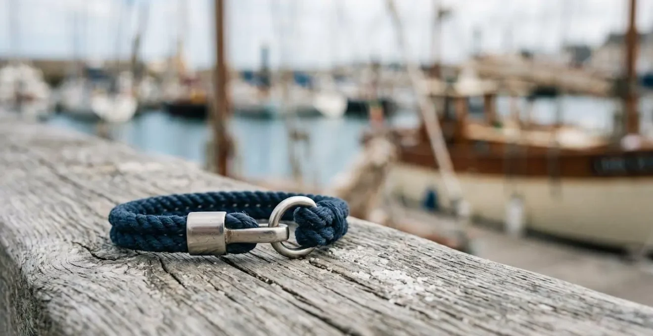 Bracelet marin artisanal en cordage tresse pose sur du bois patine, symbole d'authenticite maritime francaise
