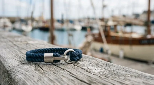 Bracelet marin artisanal en cordage tresse pose sur du bois patine, symbole d'authenticite maritime francaise