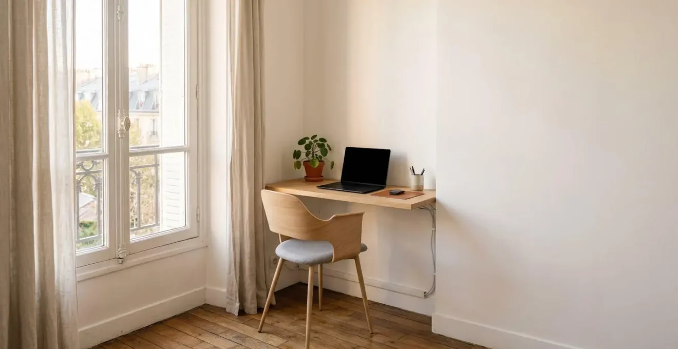 Coin bureau minimaliste et fonctionnel aménagé dans un angle de 3 m² d'un appartement parisien