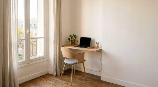 Coin bureau minimaliste et fonctionnel aménagé dans un angle de 3 m² d'un appartement parisien