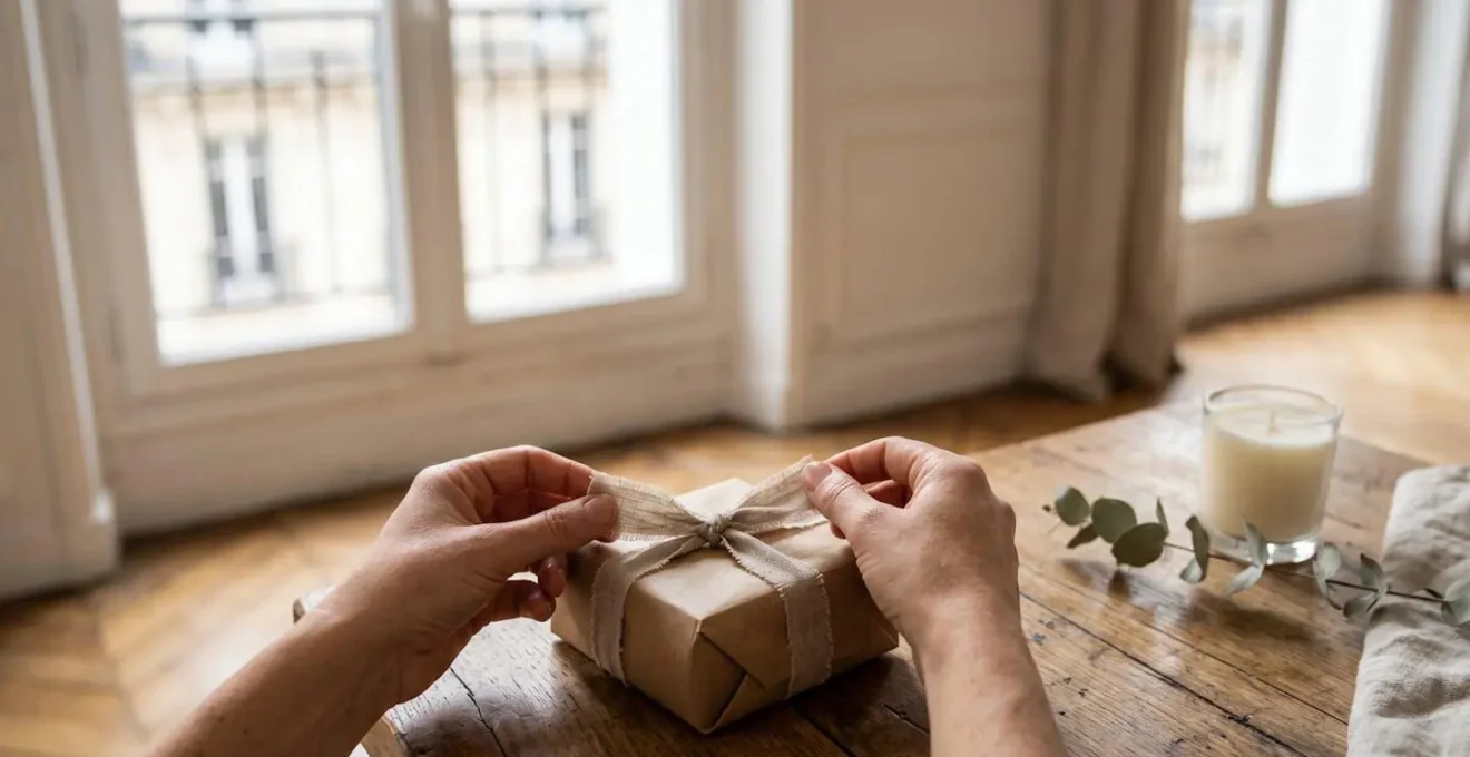 Mains enveloppant délicatement un petit cadeau artisanal sur une table en bois, ambiance chaleureuse de fin d'année à la française