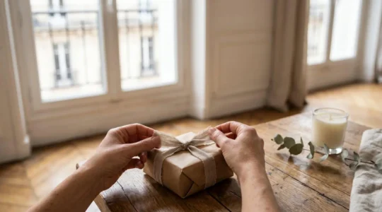 Mains enveloppant délicatement un petit cadeau artisanal sur une table en bois, ambiance chaleureuse de fin d'année à la française