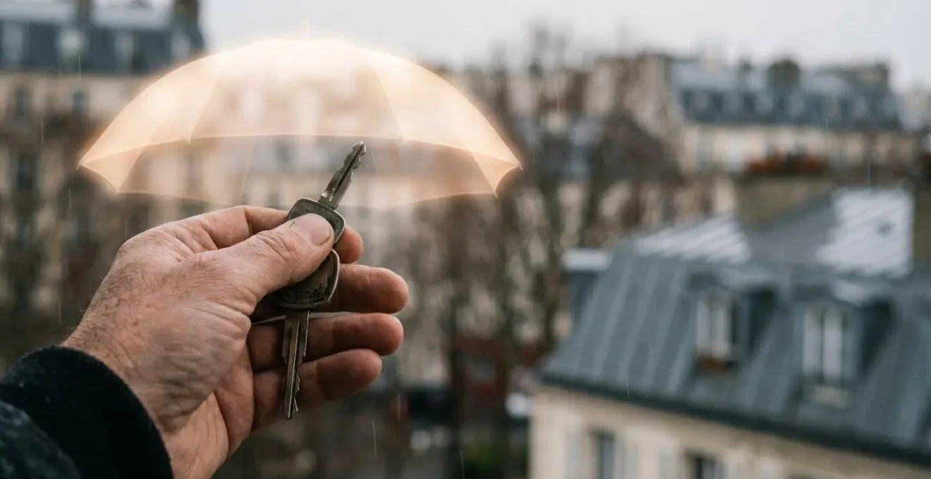 Silhouette d'un conducteur français tenant une clé de voiture sous une ombre protectrice symbolisant les garanties d'assurance essentielles