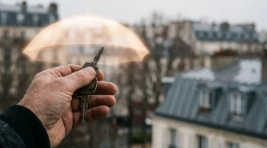 Silhouette d'un conducteur français tenant une clé de voiture sous une ombre protectrice symbolisant les garanties d'assurance essentielles