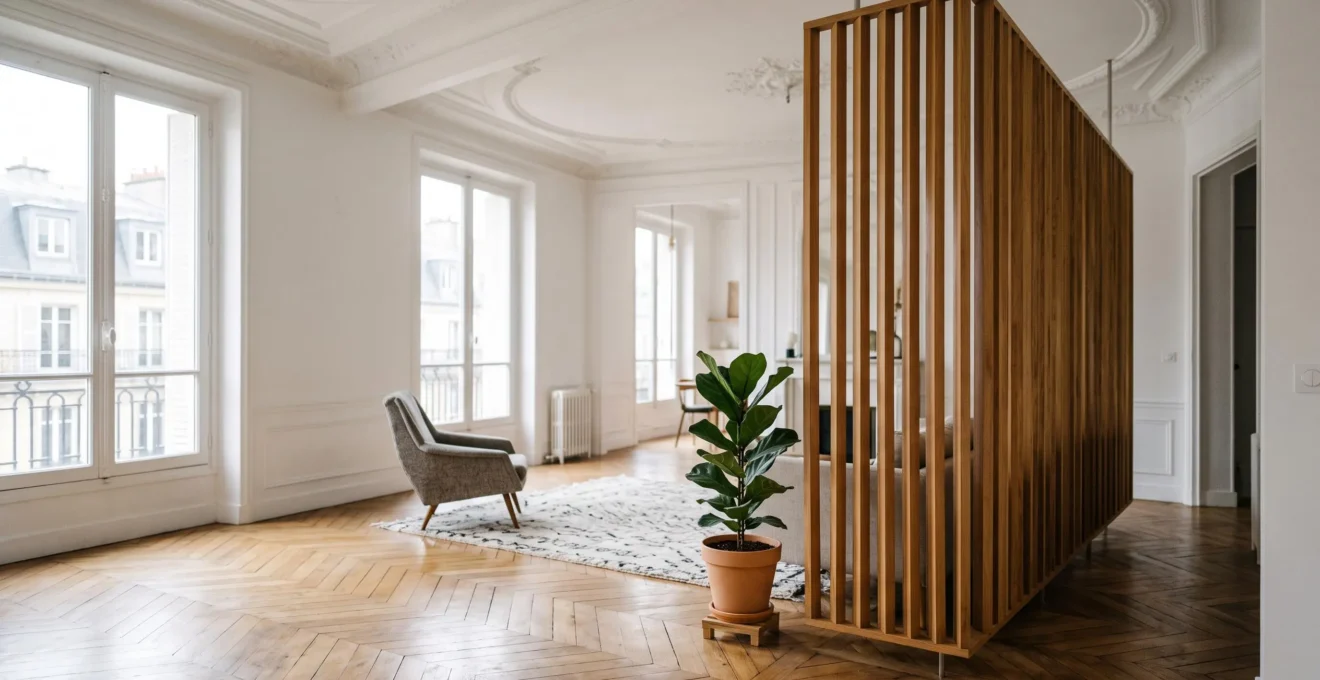 Cloison suspendue élégante en bois clair séparant un salon lumineux dans un appartement parisien haussmannien