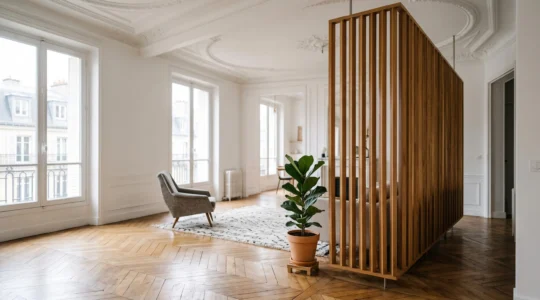 Cloison suspendue élégante en bois clair séparant un salon lumineux dans un appartement parisien haussmannien