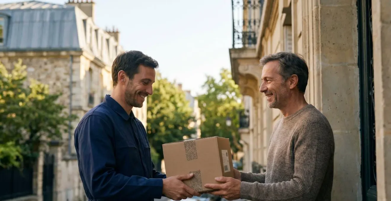 Un livreur remet un colis à un destinataire sur le pas d'une porte en France, symbolisant l'attente entre la promesse et la réalité de la livraison