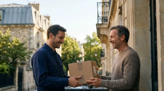 Un livreur remet un colis à un destinataire sur le pas d'une porte en France, symbolisant l'attente entre la promesse et la réalité de la livraison