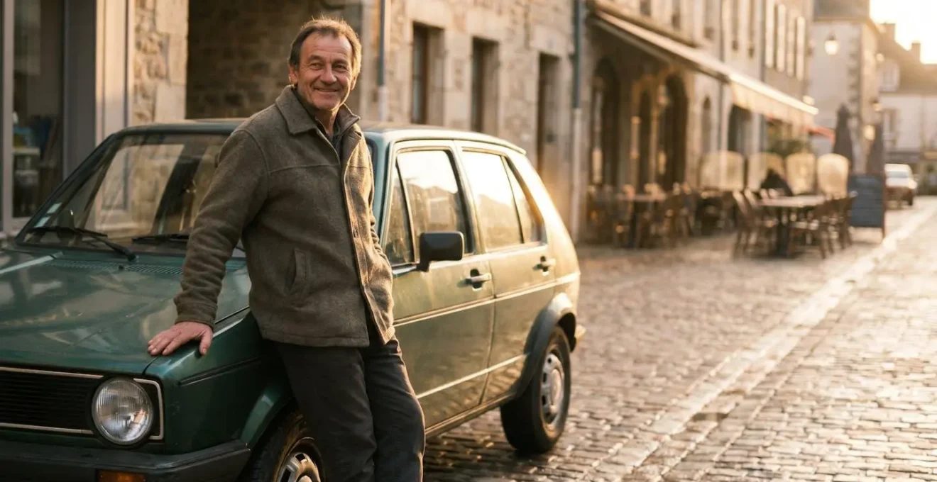Conducteur français souriant appuyé contre sa voiture essence garée dans une rue pavée typique d'une ville française au lever du soleil