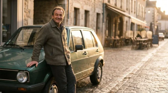 Conducteur français souriant appuyé contre sa voiture essence garée dans une rue pavée typique d'une ville française au lever du soleil