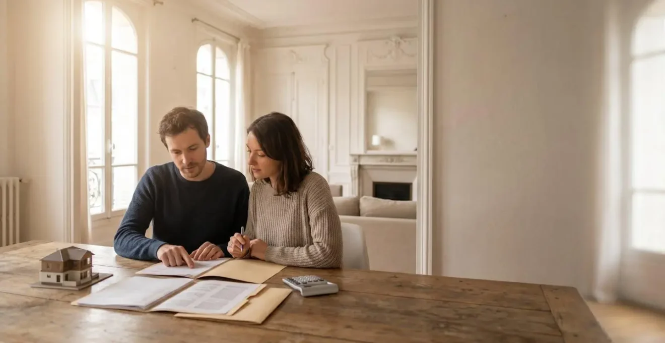 Couple français consultant des documents financiers dans un salon lumineux avant un rendez-vous bancaire pour un crédit immobilier