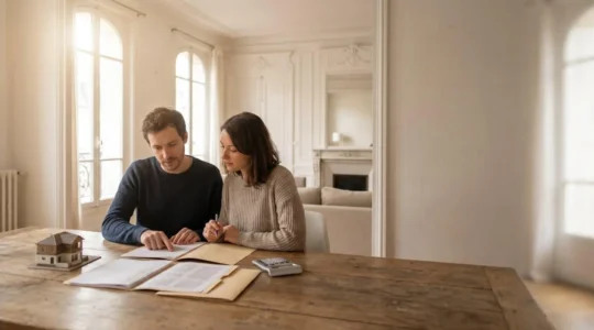 Couple français consultant des documents financiers dans un salon lumineux avant un rendez-vous bancaire pour un crédit immobilier