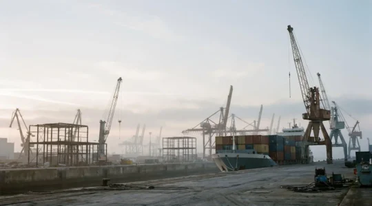 Vue symbolique d'un port industriel francais au petit matin, entre stagnation et potentiel de relance economique