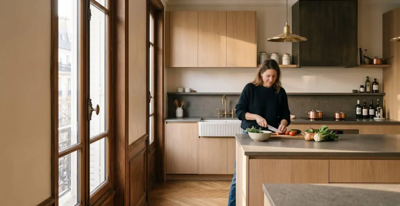 Cuisine contemporaine lumineuse et fonctionnelle dans un appartement français, illustrant une rénovation réussie à budget maîtrisé