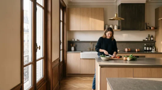 Cuisine contemporaine lumineuse et fonctionnelle dans un appartement français, illustrant une rénovation réussie à budget maîtrisé