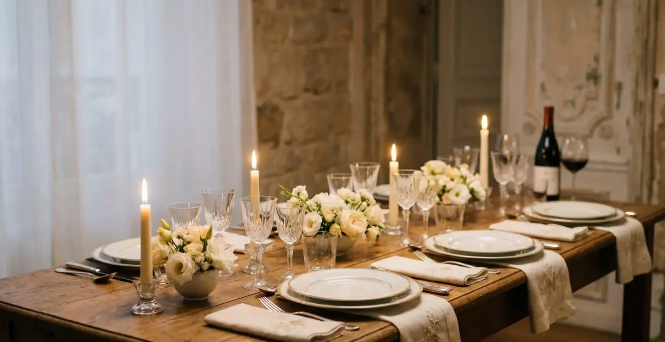 Table dressée avec élégance pour un dîner gastronomique français de cinq plats, ambiance chaleureuse aux chandelles