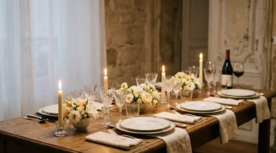 Table dressée avec élégance pour un dîner gastronomique français de cinq plats, ambiance chaleureuse aux chandelles