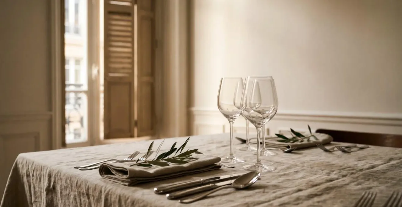 Table dressée à la française avec couverts alignés et verres en diagonale, ambiance lumière douce