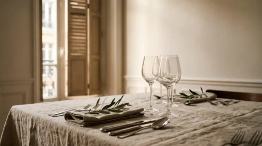Table dressée à la française avec couverts alignés et verres en diagonale, ambiance lumière douce
