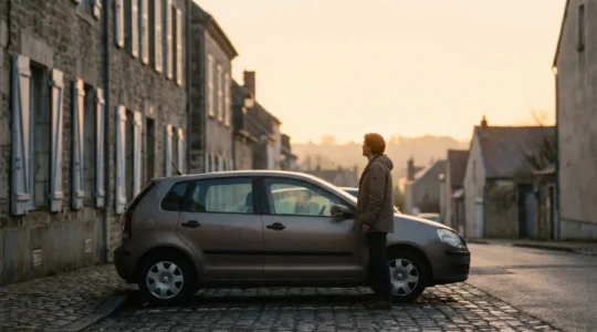 Automobiliste français observant pensivement sa voiture garée dans une rue résidentielle, symbolisant la hausse récurrente du tarif de l'assurance auto