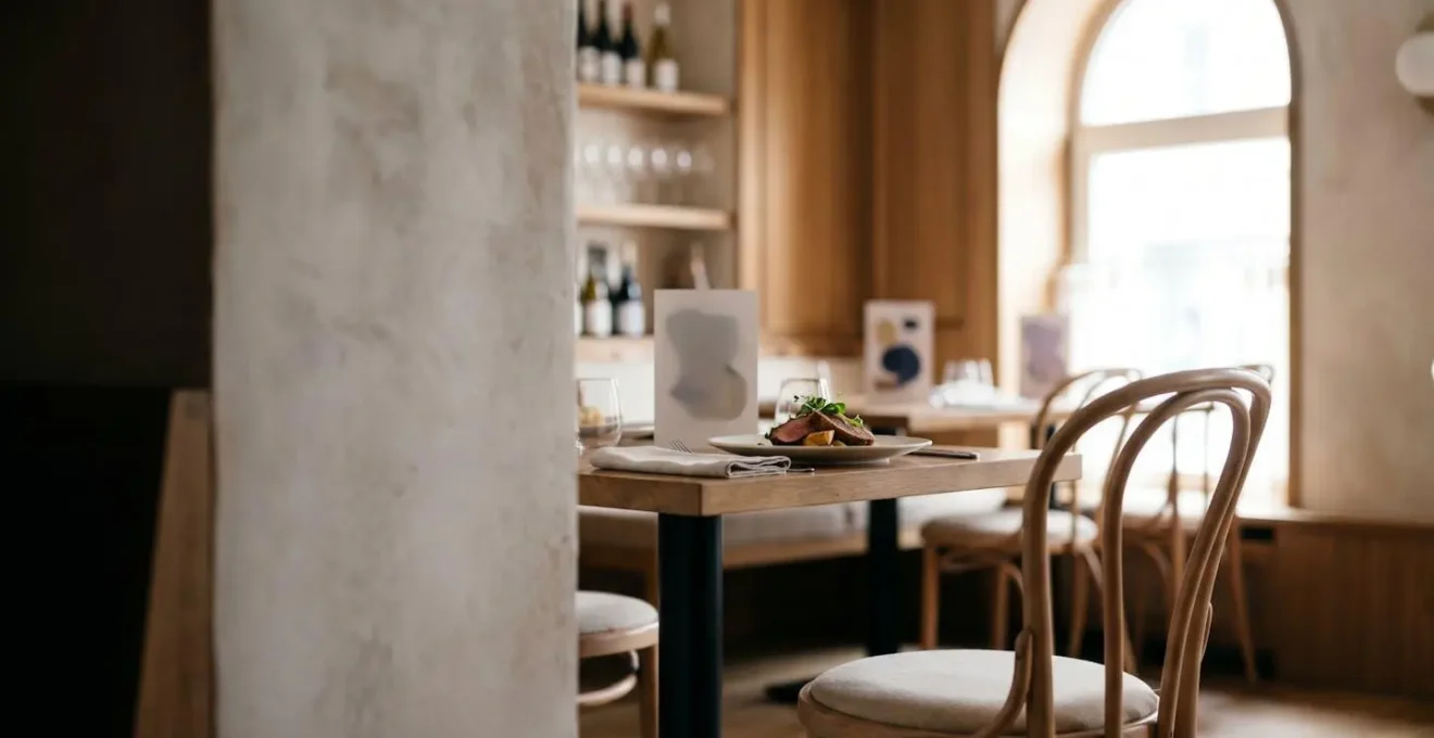 Table dressée dans un restaurant gastronomique français avec assiette raffinée en lumière naturelle, symbolisant l'accessibilité de la haute cuisine