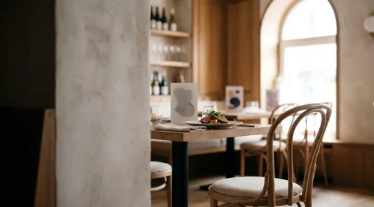 Table dressée dans un restaurant gastronomique français avec assiette raffinée en lumière naturelle, symbolisant l'accessibilité de la haute cuisine