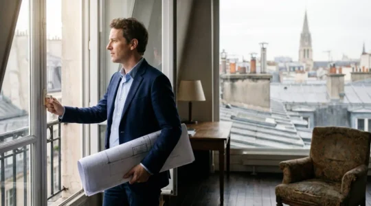 Investisseur analysant un plan de quartier francais pour choisir un bien locatif rentable
