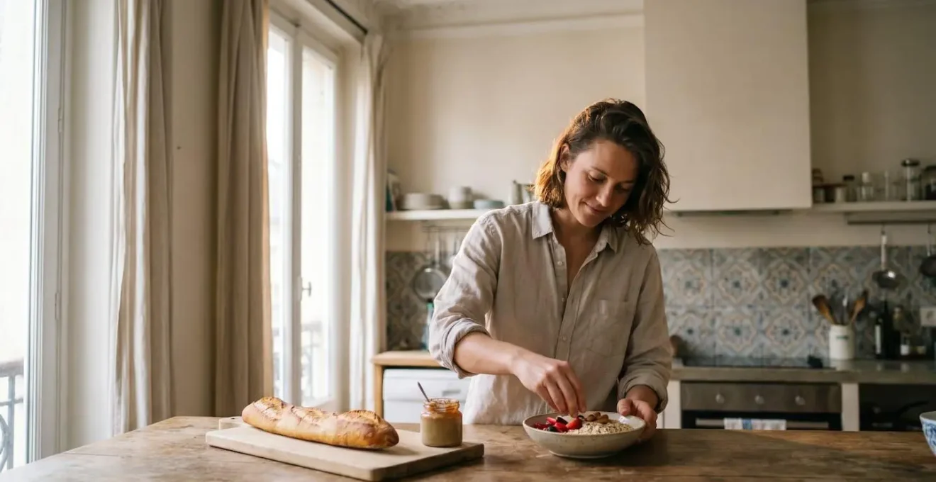 Une personne prepare un petit-dejeuner equilibre dans une cuisine lumineuse a la francaise, symbole d'un mode de vie healthy adopte en douceur